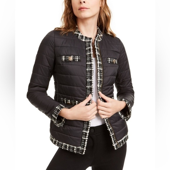 Anne Klein: Quilted Tweed Fabric Trim Winter Puff Jacket Black Size Large (NWT) - Picture 1 of 9